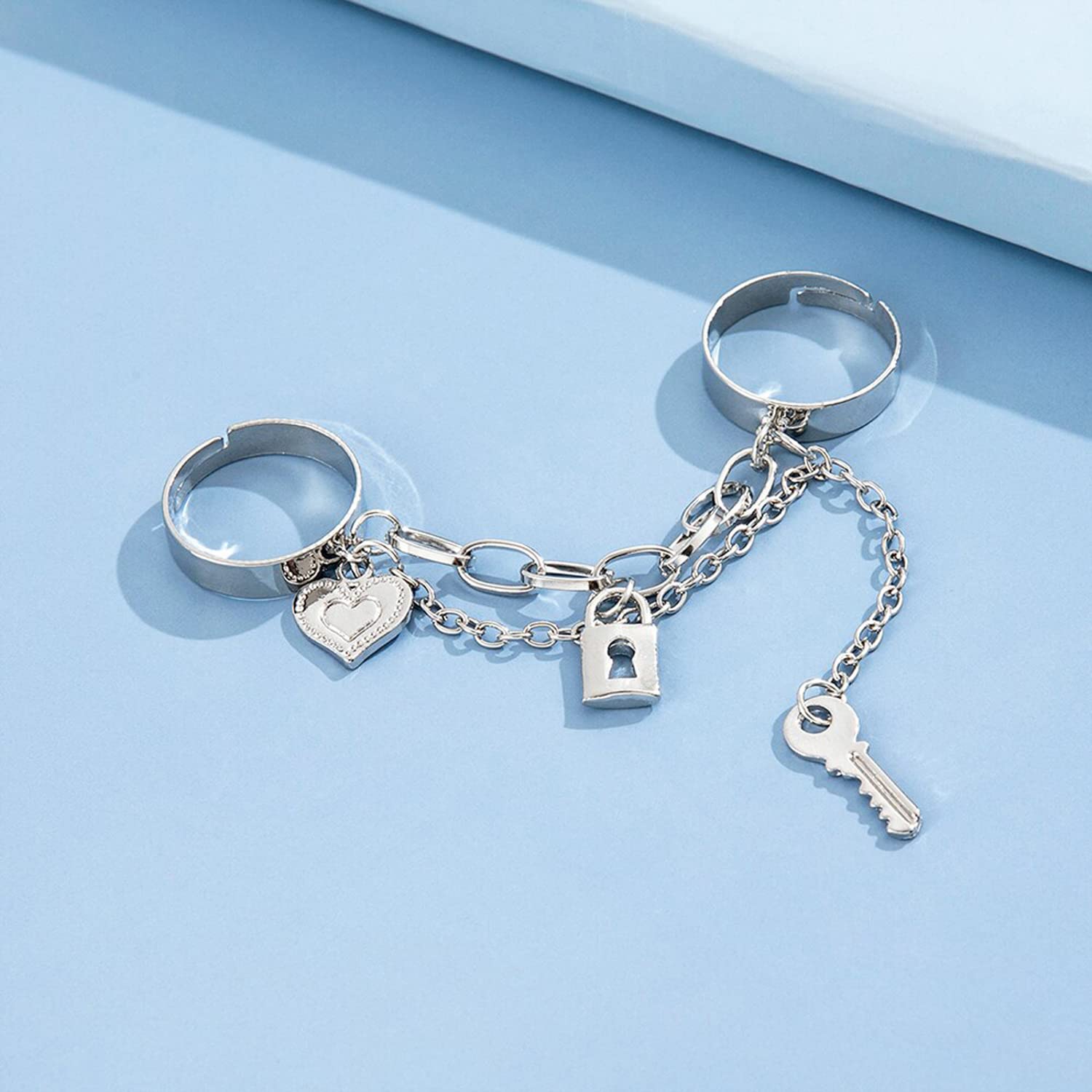 Gold-Toned Lock-Key Chain Rings Set